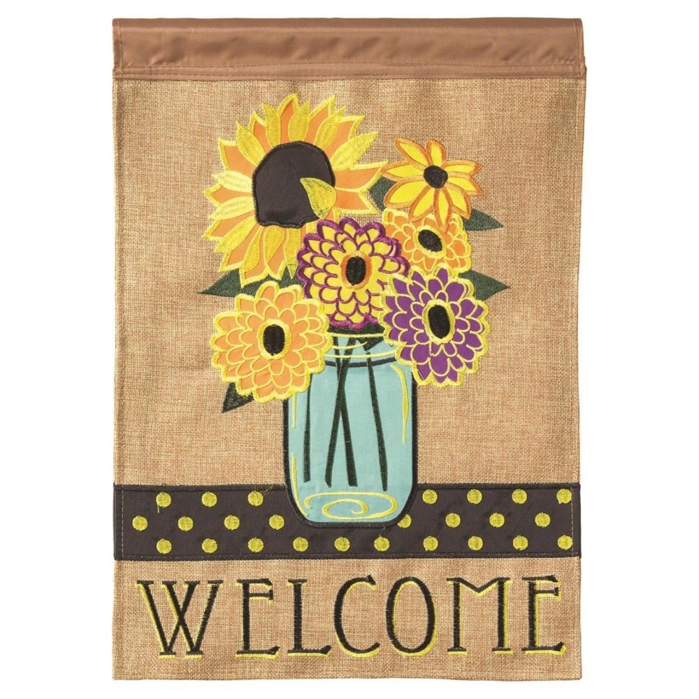 Welcome Mason Jar Floral Garden Flag 13x18
